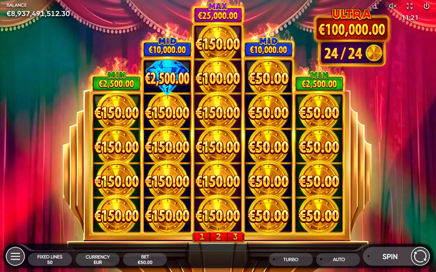 Extended Hit Hold field with MIN, MID, MAX and ULTRA jackpot plaques above five columns of gold coins