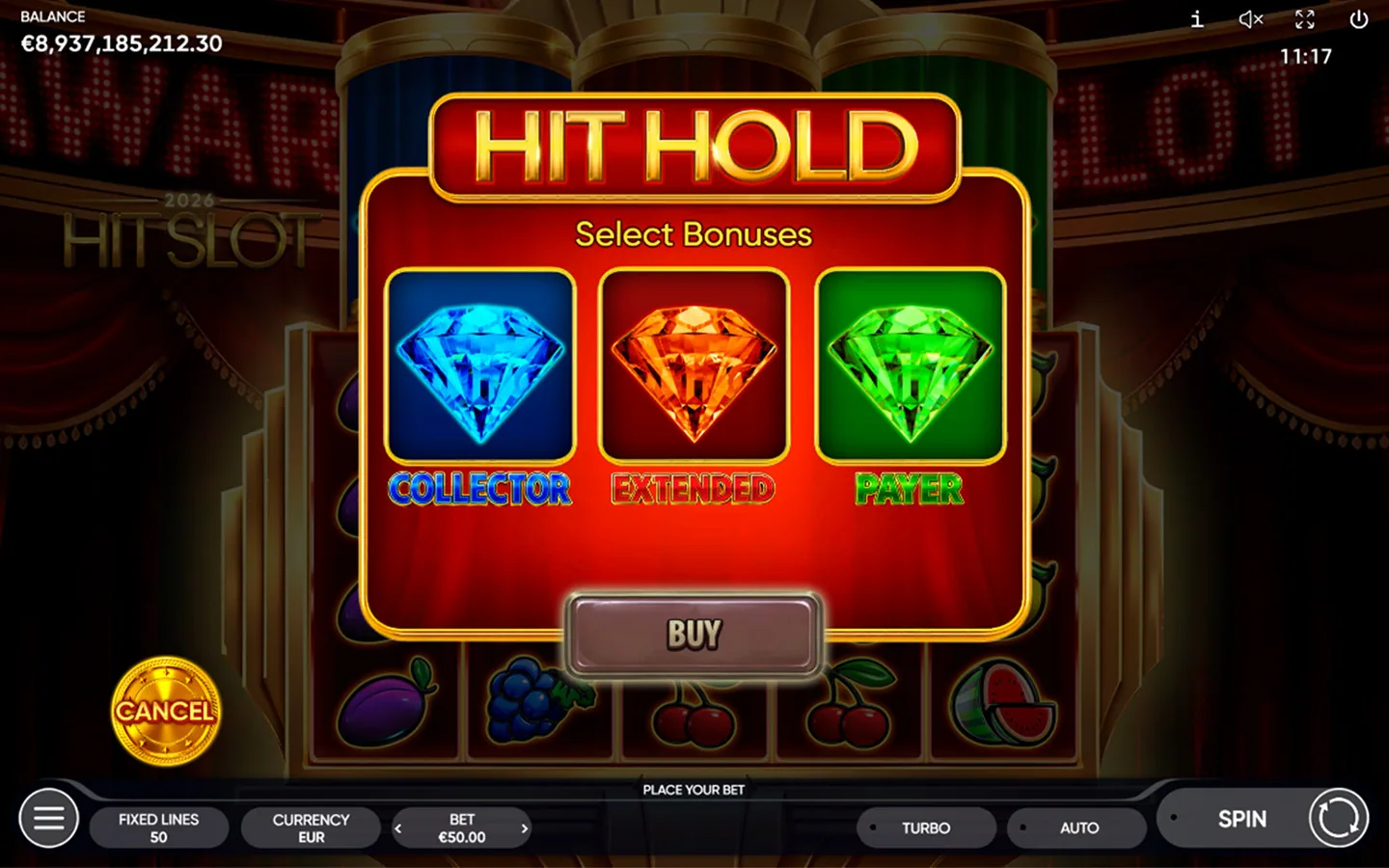 The HIT HOLD Select Bonuses purchase panel offering Collector, Extended and Payer