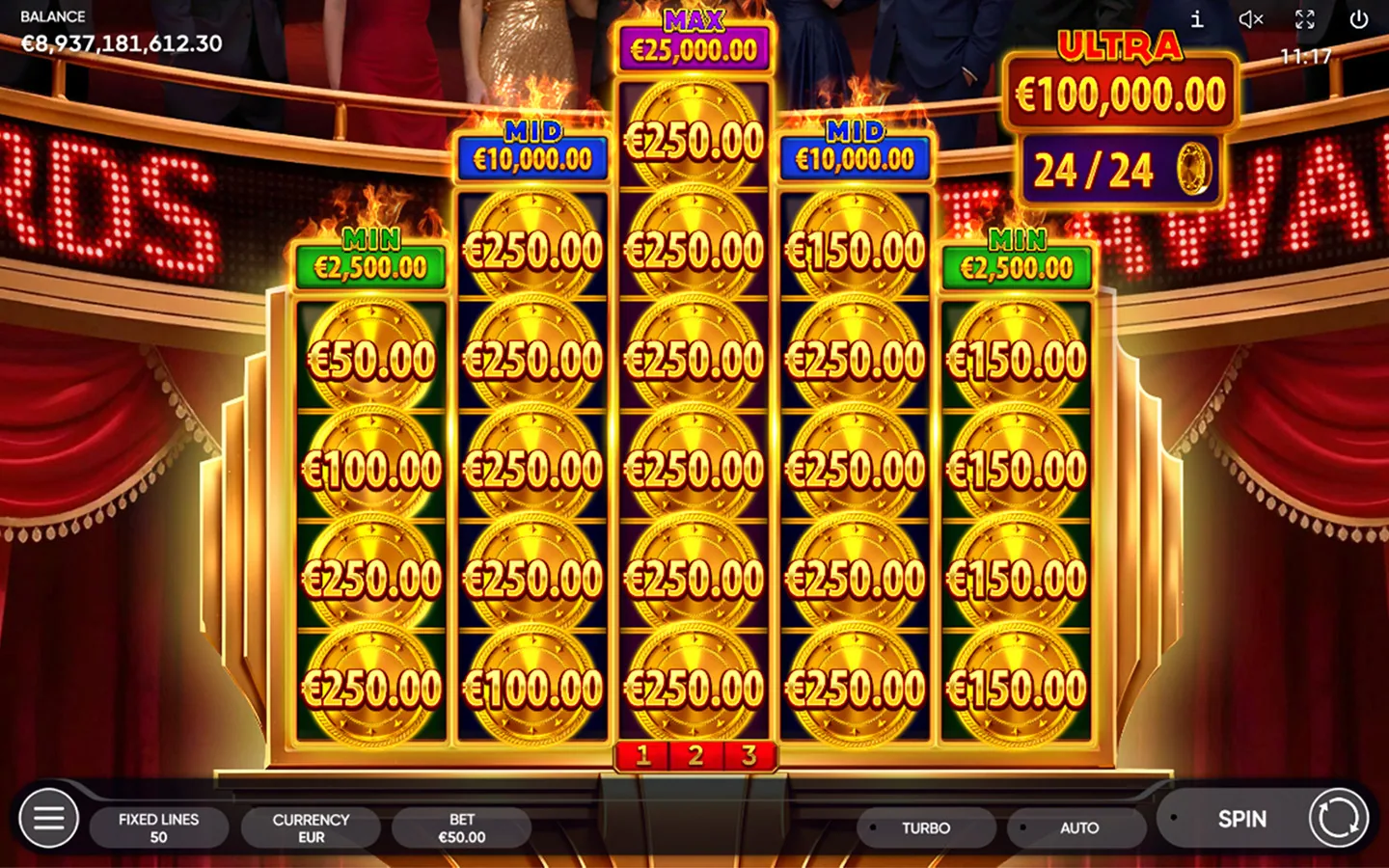 Filled Extended bonus field on the awards stage, with the crowd in evening dress behind the reels