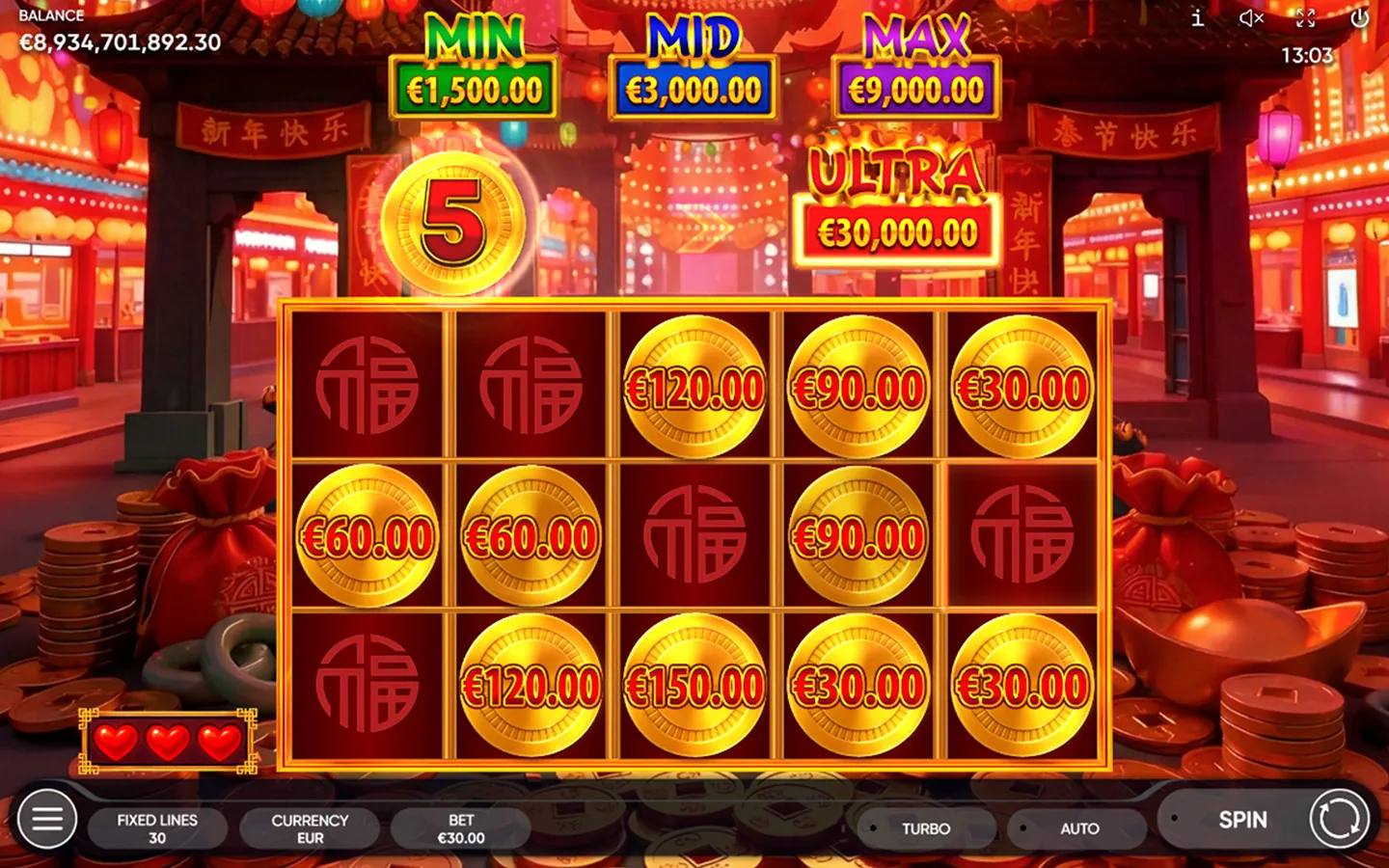 3 Coin Towers Coin Hold bonus game with sticky prize coins on the reels and the MIN, MID, MAX and ULTRA panels above them
