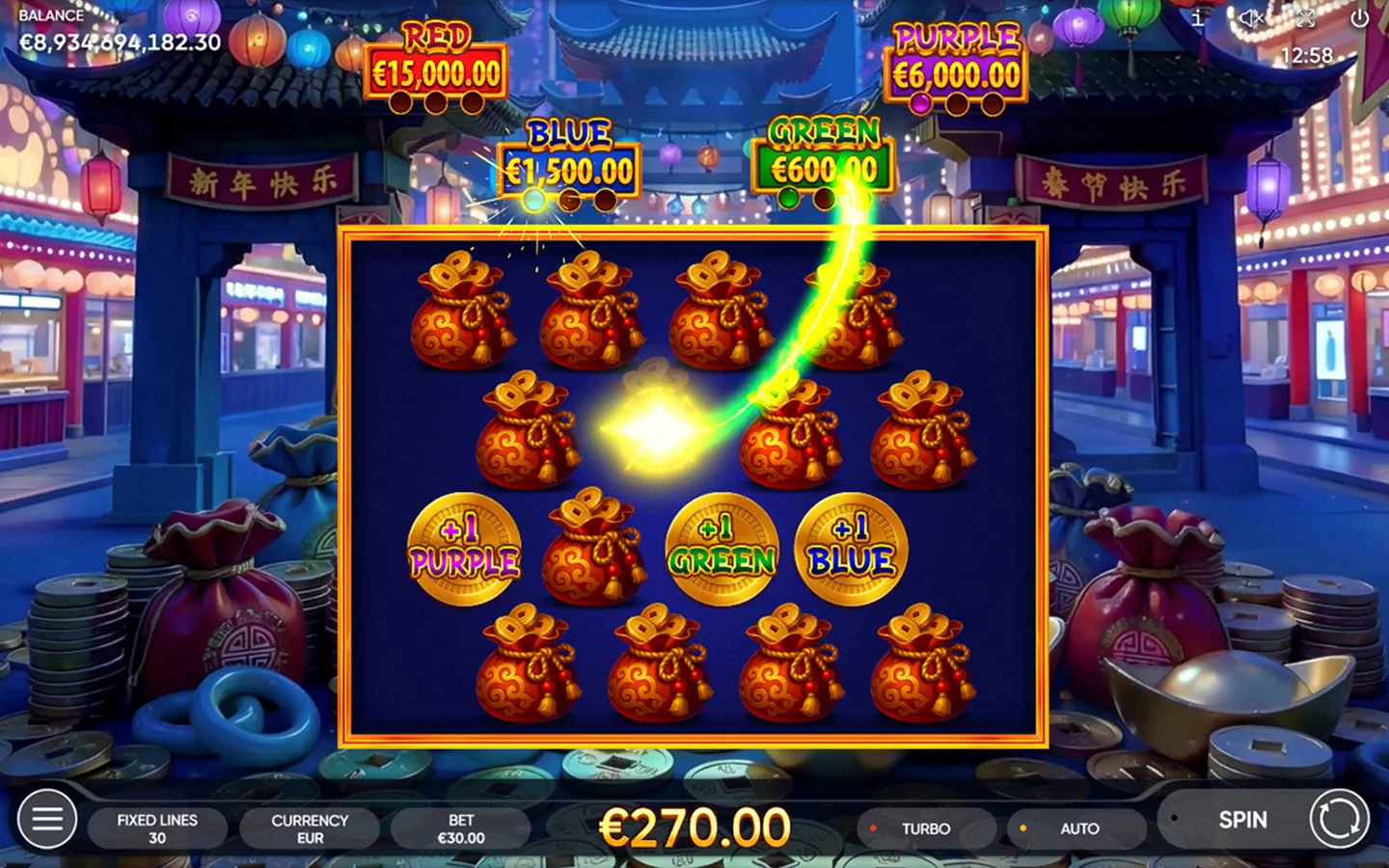 3 Coin Towers Moonlight Pick'em bonus with golden pouches and the green, blue, purple and red award counters filling above the screen