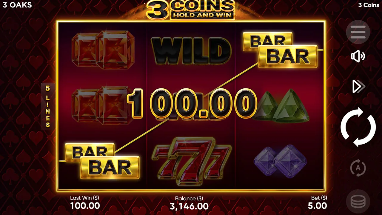 3 Coins base game board with two BAR BAR plates and a WILD on the winning diagonal, Last Win 100.00 at Bet 5.00
