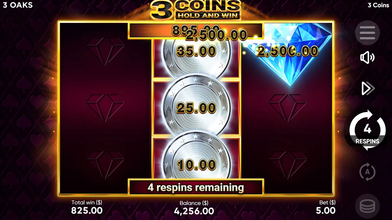 3 Coins Hold and Win round with silver coins locked on the middle reel and the blue Diamond printing 2,500.00