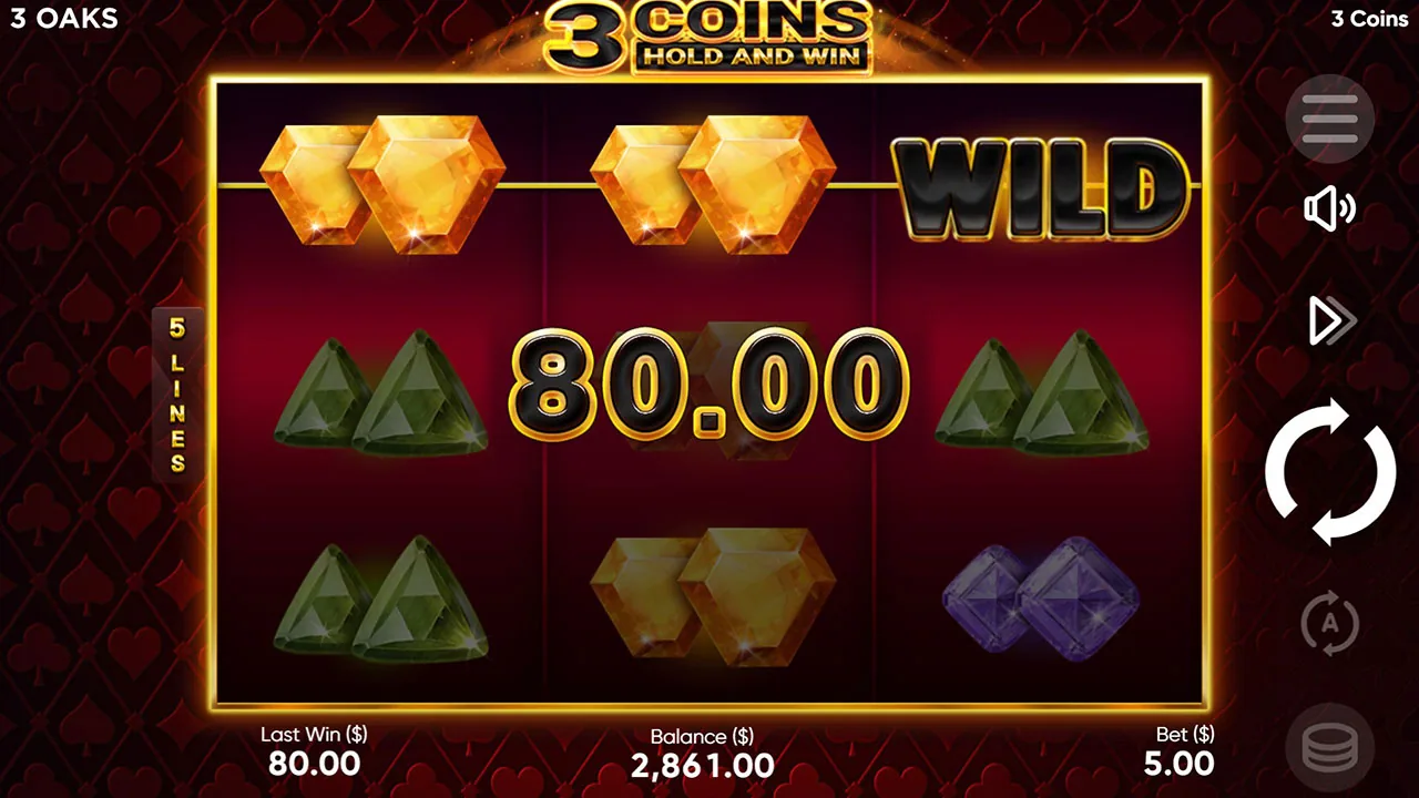 Three amber gems and a WILD lit on the top line of 3 Coins for 80.00 at a bet of 5.00