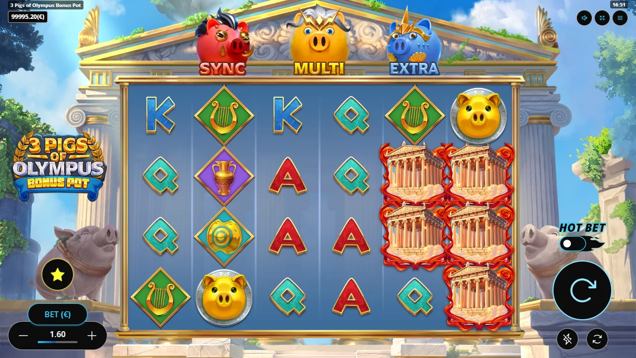 3 Pigs of Olympus Bonus Pot base game board with yellow Pig Coins and stacked golden temple symbols
