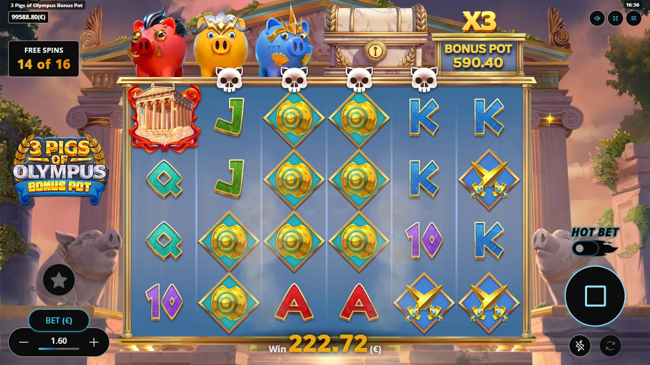 3 Pigs of Olympus Bonus Pot free spins round with the Bonus Pot chest and a x3 multiplier active
