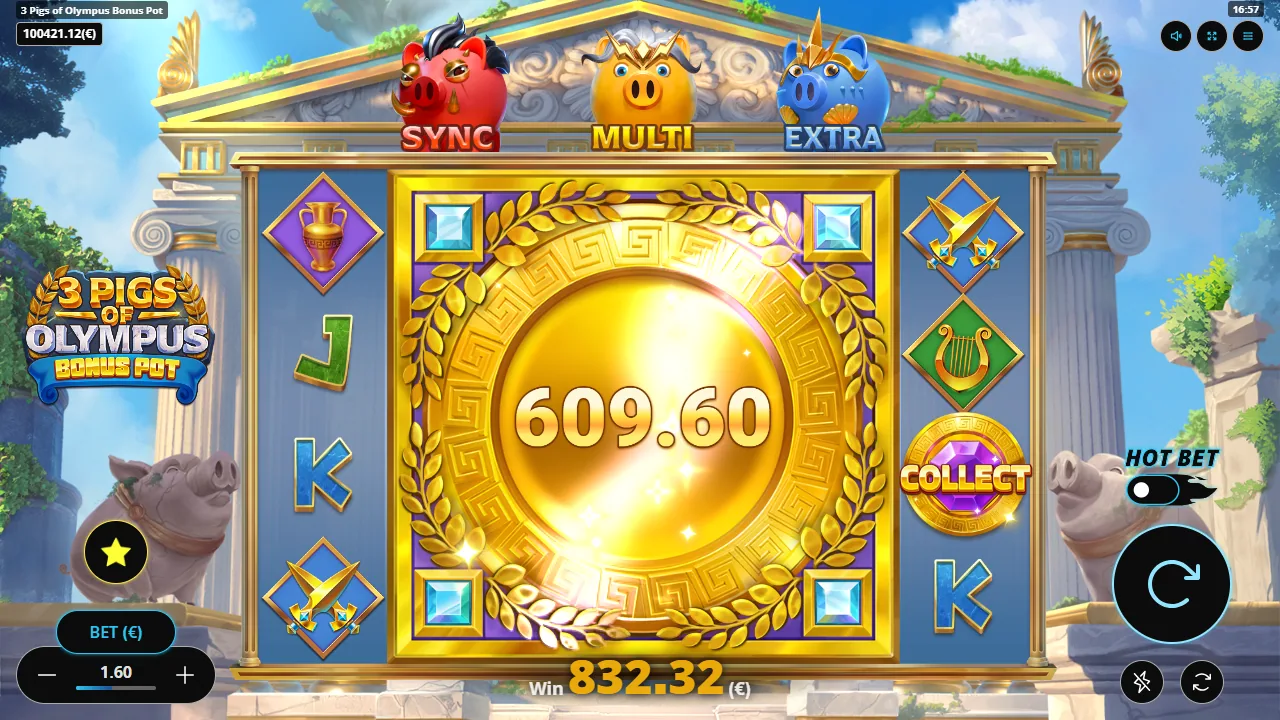 3 Pigs of Olympus Bonus Pot Bonus Spin paying the pot as one 4x4 Mega coin with a Collect symbol beside it