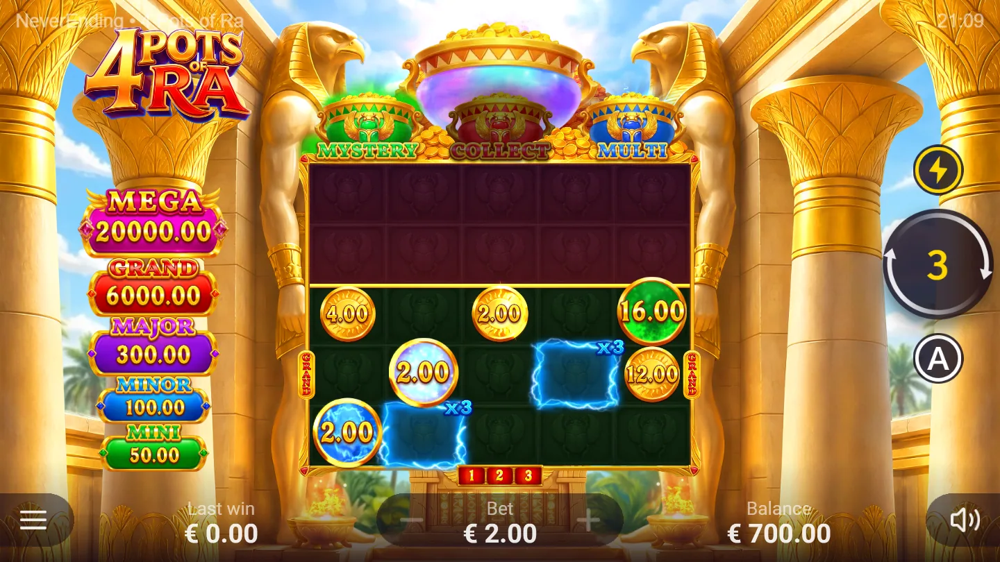 The Mega Bonus Game on the expanded board, with coin values, x3 multipliers and the five-tier prize ladder