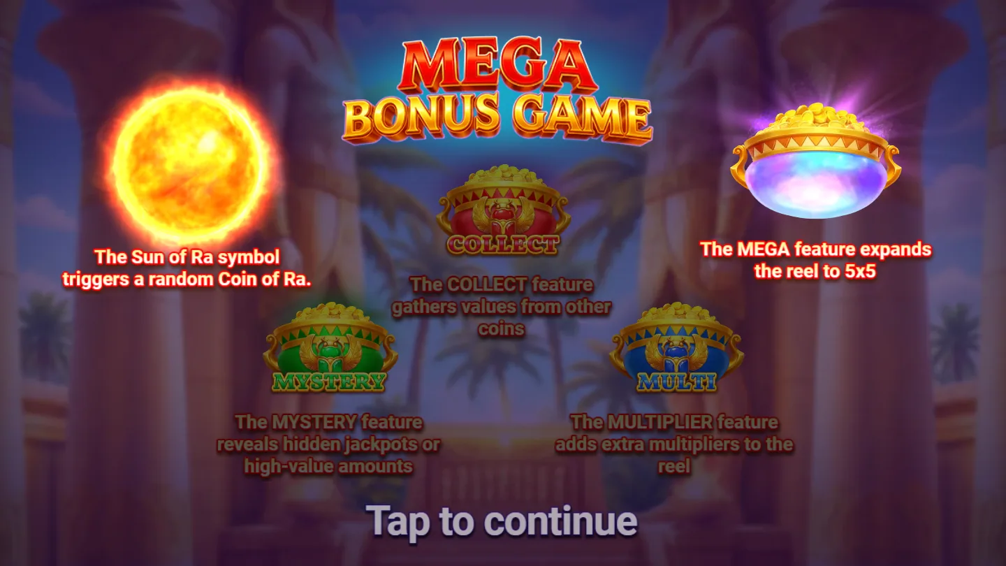 The Mega Bonus Game feature screen explaining the Sun of Ra, COLLECT, MYSTERY, MULTIPLIER and MEGA pots