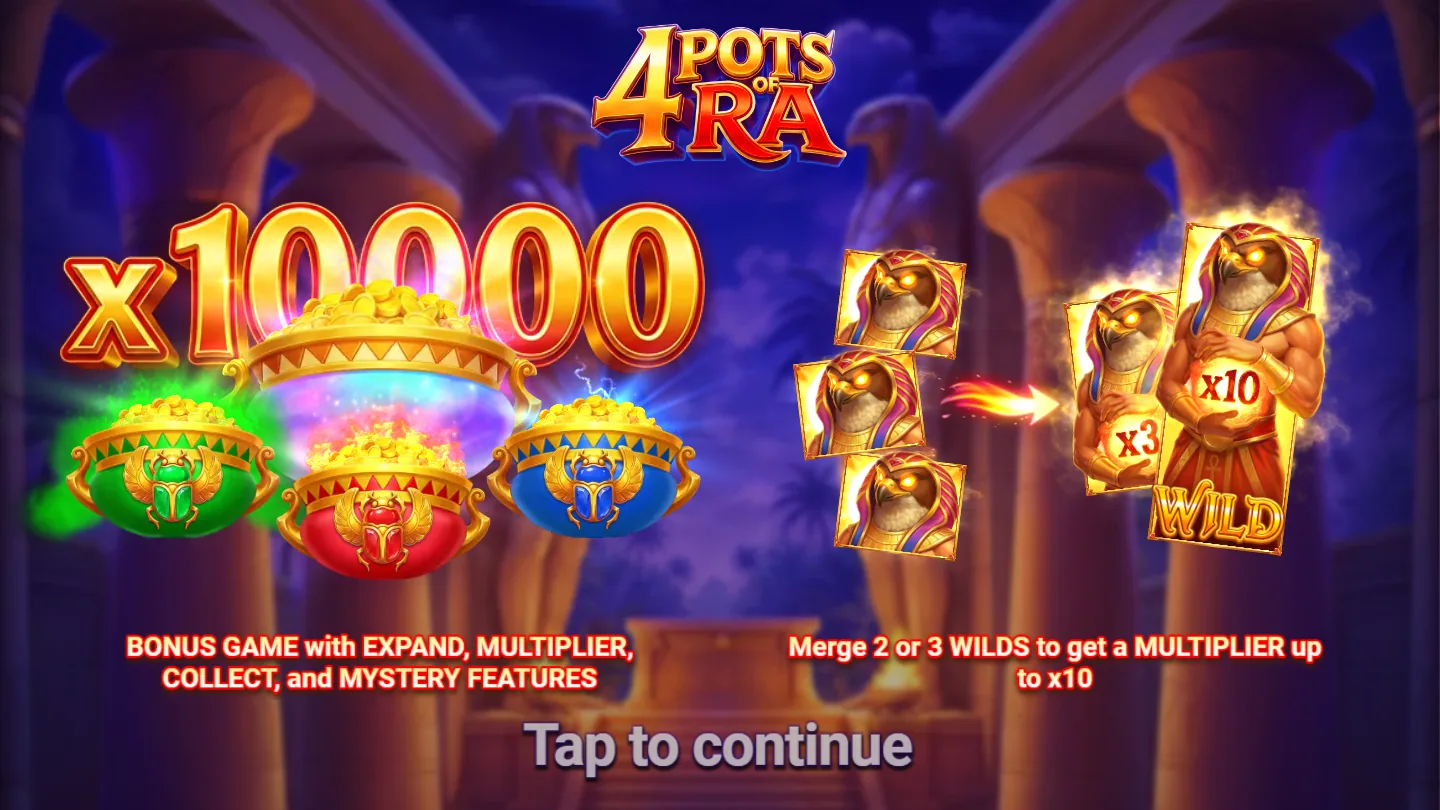 4 Pots of Ra: Hold and Win intro screen showing the x10000 headline and the merging Ra wild symbols