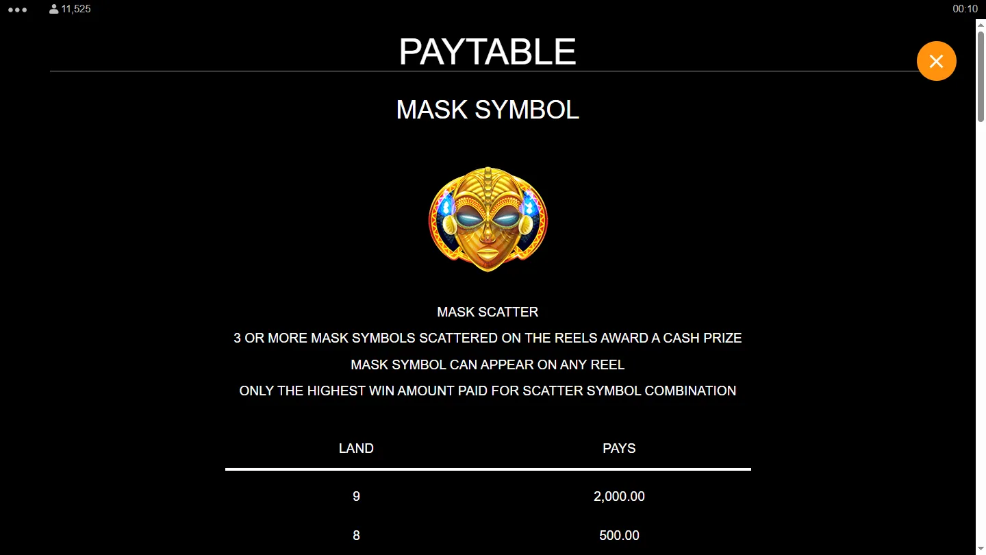 The Mask Symbol page of the in-game paytable, showing the carved golden mask and the top of the mask pay ladder