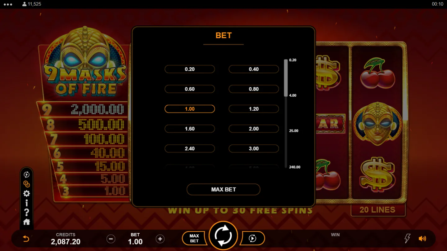 The bet ladder open over the reels, with the mask ladder at left, the 20 LINES badge at right and the range running from 0.20 to 240.00