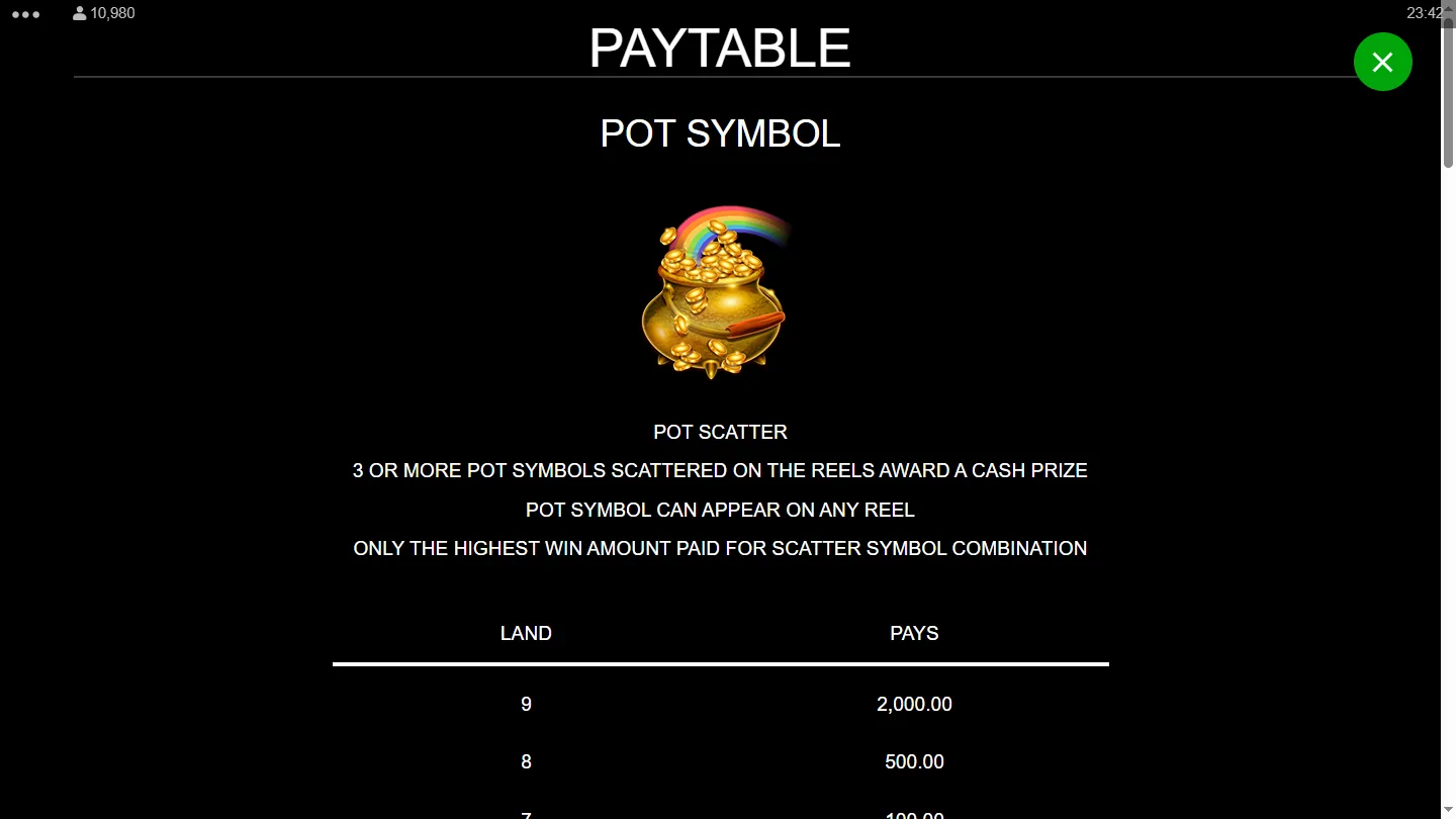 The POT SYMBOL page of the in-game paytable, showing the pot of gold with its rainbow and the top of the LAND and PAYS ladder
