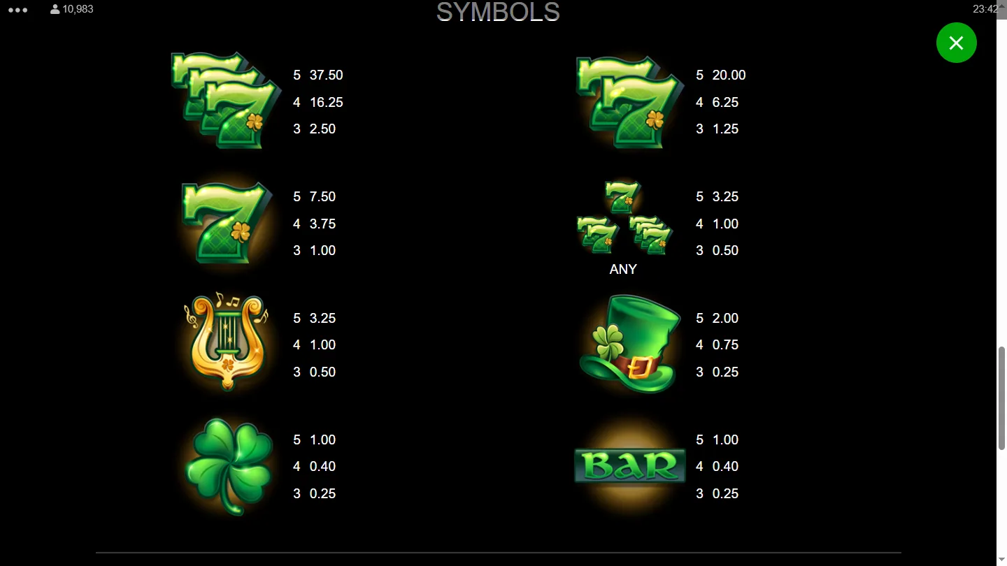 The SYMBOLS page of the paytable, showing the three grades of green seven, the ANY row, the harp, the hat, the clover and the BAR with their three-, four- and five-symbol values