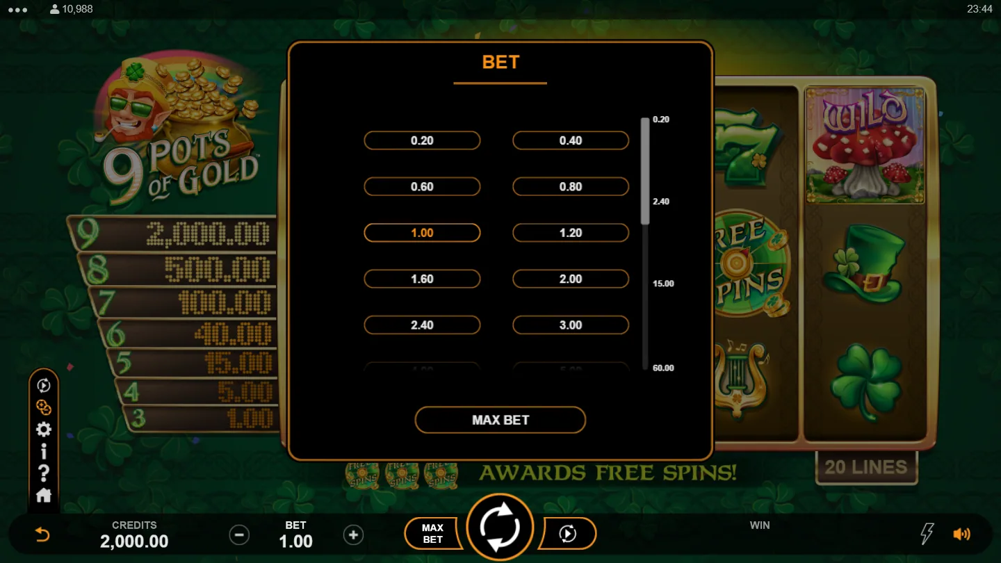 The 9 Pots of Gold cabinet with the bet ladder open, the pot pay ladder on the left, the toadstool Wild on the last reel and the 20 LINES badge