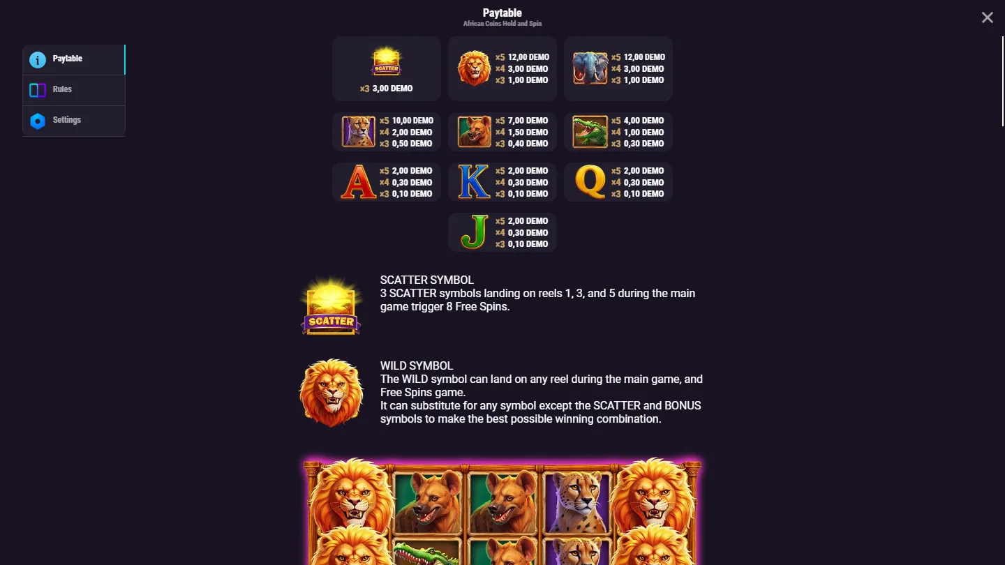 In-game paytable for African Coins Hold and Spin listing the sunrise scatter, the lion, elephant, cheetah, hyena and crocodile values next to the A, K, Q and J letters, with the scatter and wild rules written out below