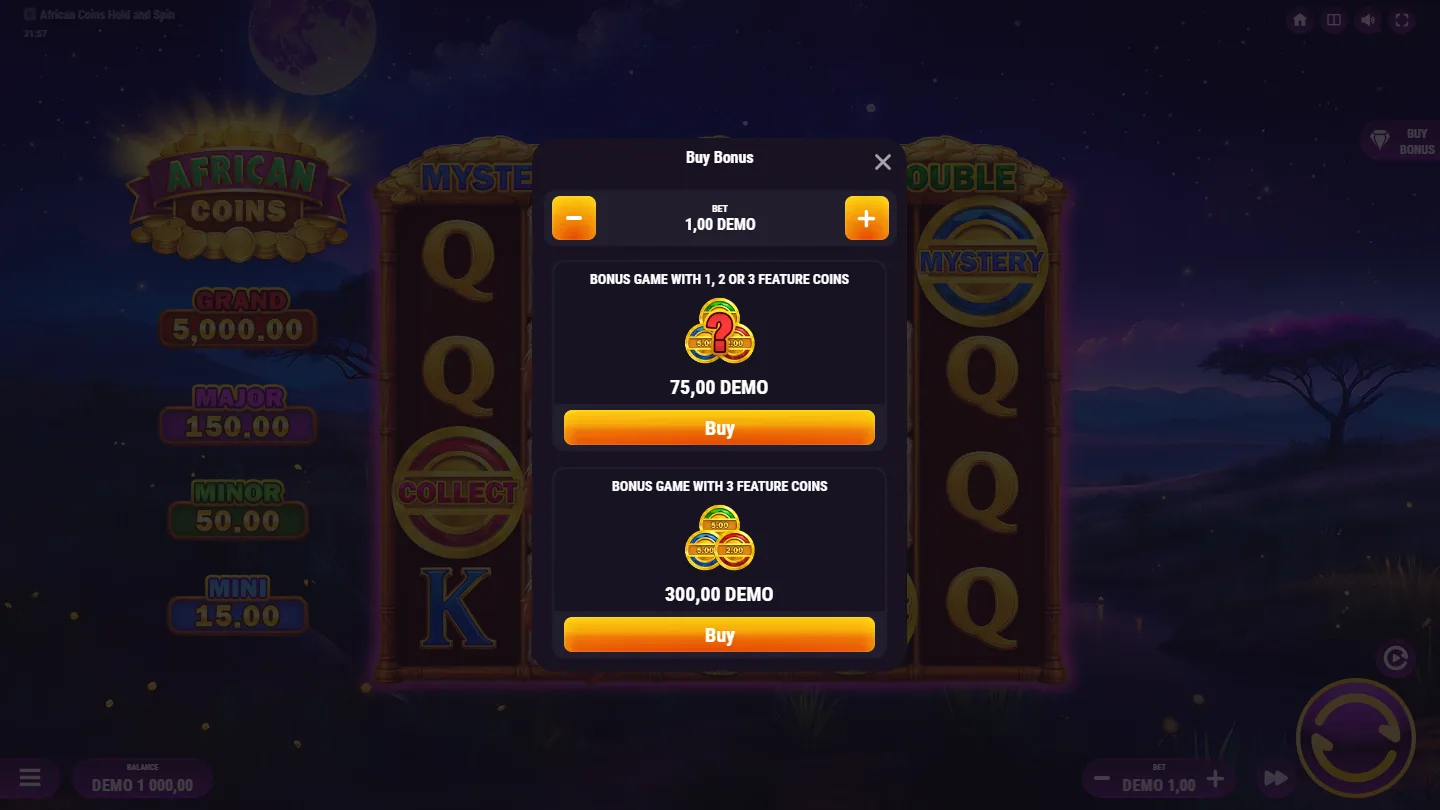 The Buy Bonus panel at a 1.00 bet, offering a bonus game with one, two or three feature coins for 75.00 and a bonus game with three feature coins for 300.00, with the Grand, Major, Minor and Mini ladder down the left of the savannah reels