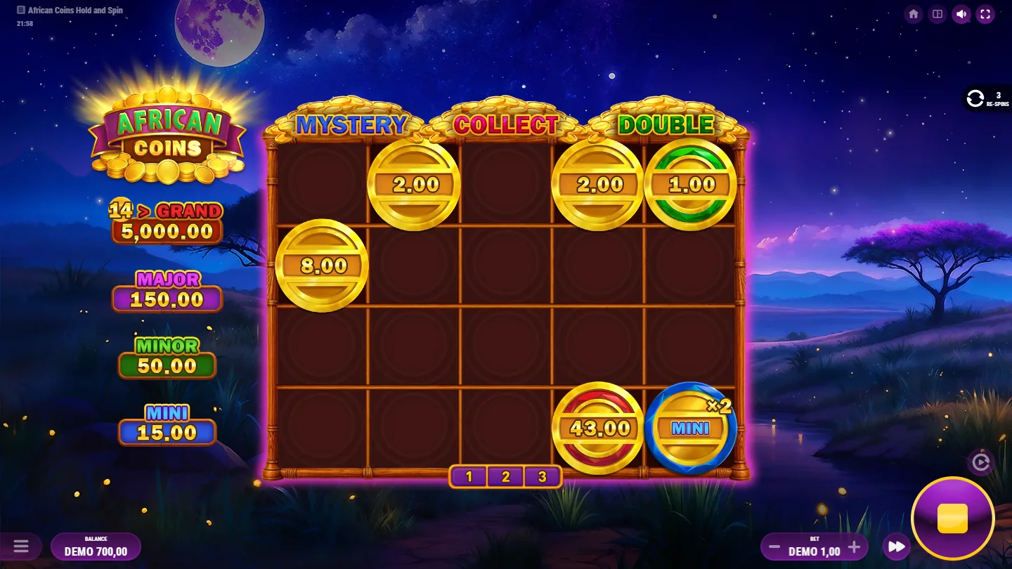 The bonus game in progress at a 1.00 bet, with coins reading 8.00, 2.00 and 2.00, a green Double ring over 1.00, a red Collect ring over 43.00 and a blue Mystery ring on a Mini coin, three re-spins left and a 14-to-Grand counter beside the prize ladder