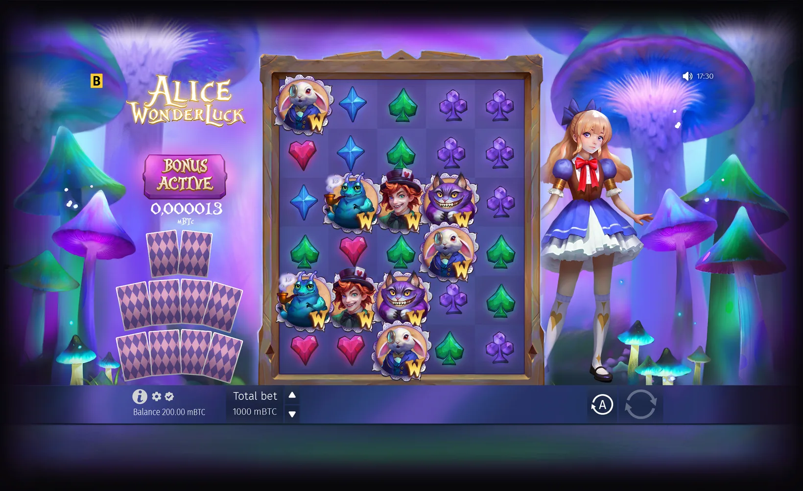 The Alice WonderLuck free spins round with the feature card stack on the left and characters converted into wild symbols