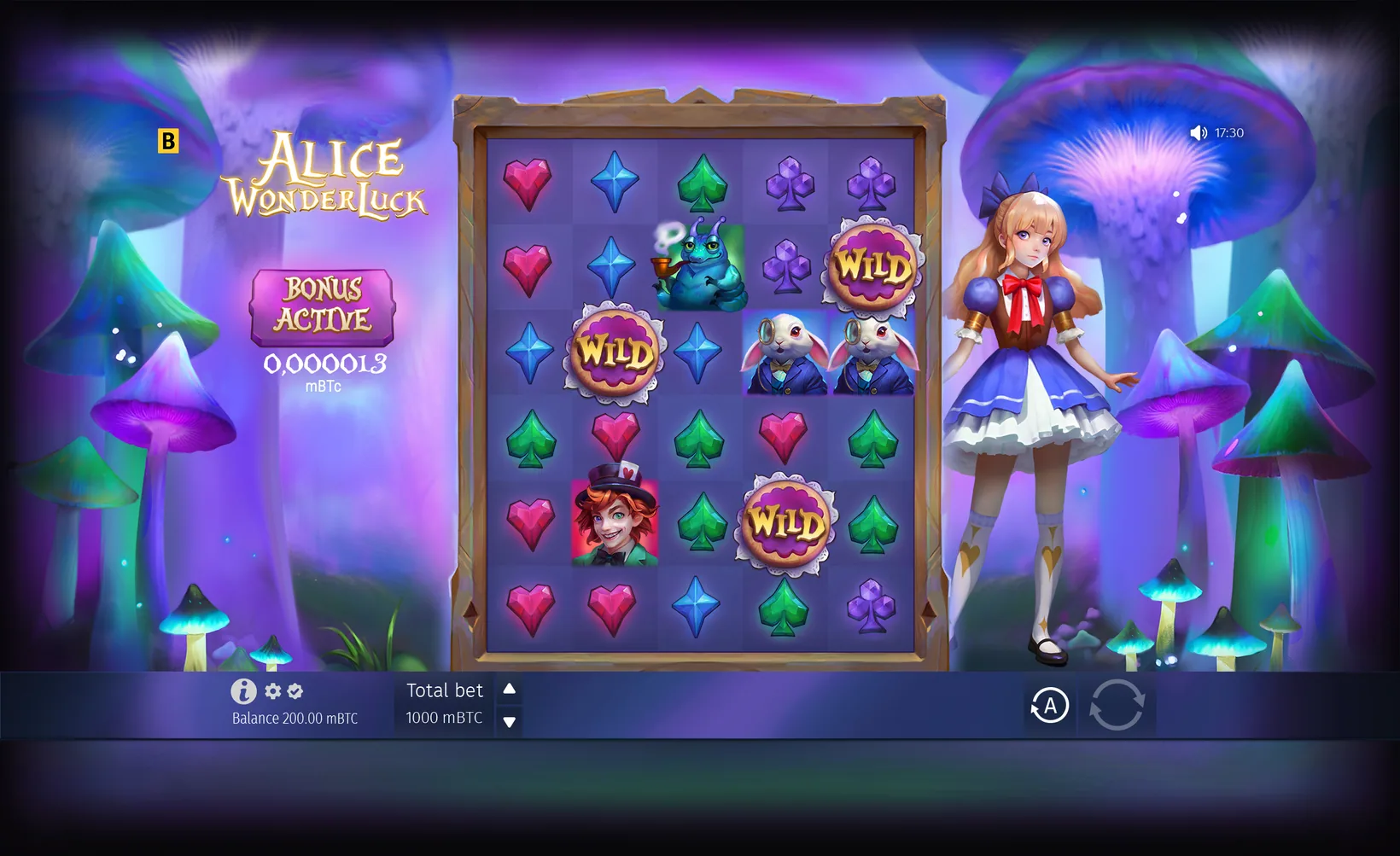 The Alice WonderLuck bonus round in progress with wild medallions on the tall five by six grid