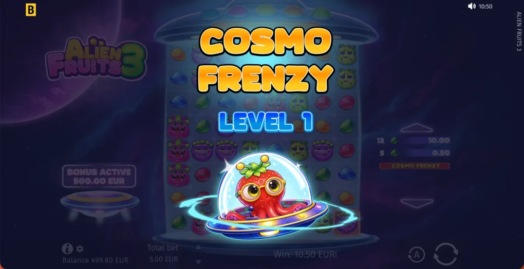 Alien Fruits 3 Cosmo Frenzy Level 1 opening screen with the alien fruit pilot in a saucer