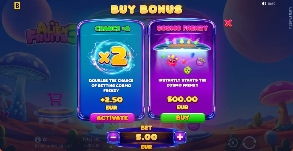 Alien Fruits 3 Buy Bonus screen showing the Chance x2 and Cosmo Frenzy purchase options