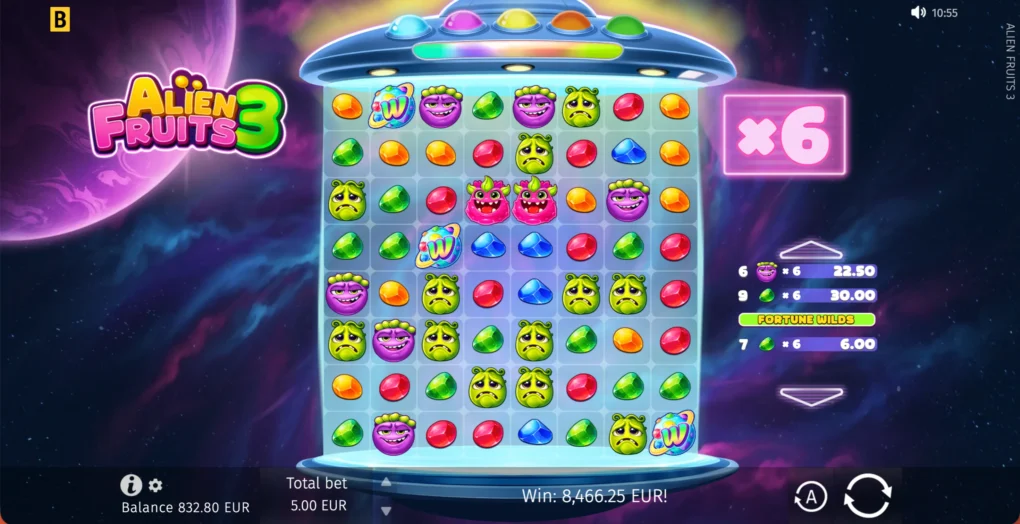 Alien Fruits 3 8x8 grid with a x6 multiplier and three paid clusters listed in the side panel