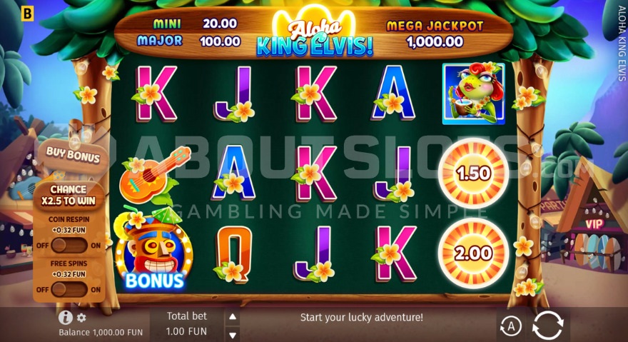 Aloha King Elvis base game reels on a Hawaiian beach