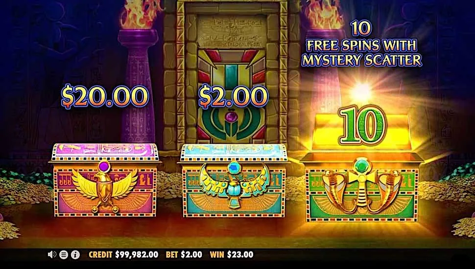 Treasure chests opened in the bonus game, the third one awarding ten free spins with a mystery scatter