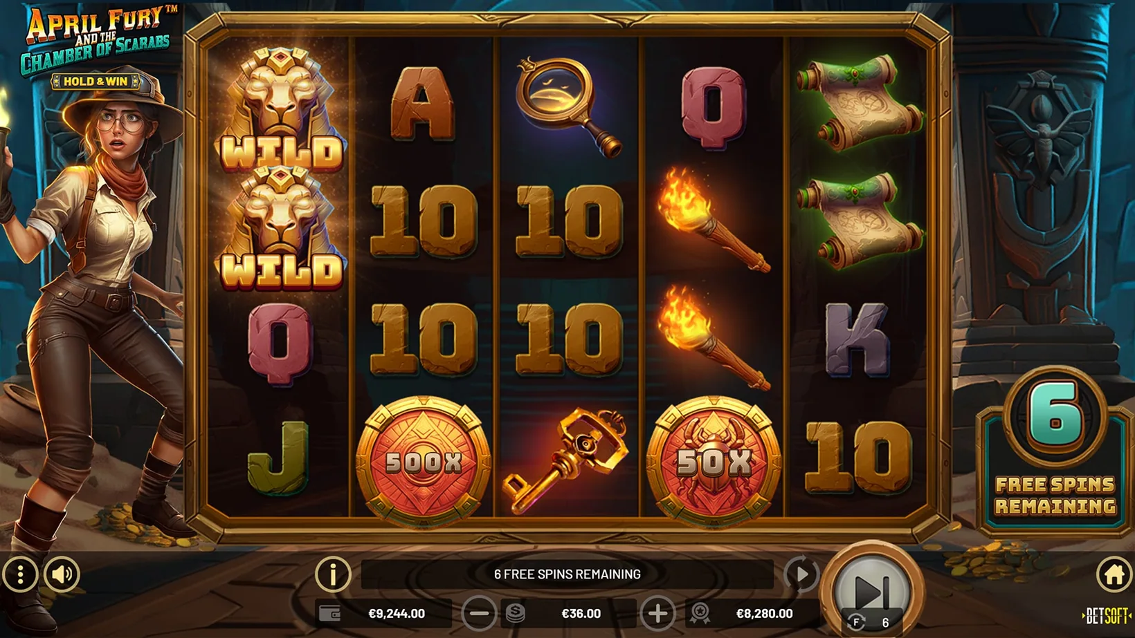 April Fury and the Chamber of Scarabs free spins round with a 500x scarab coin