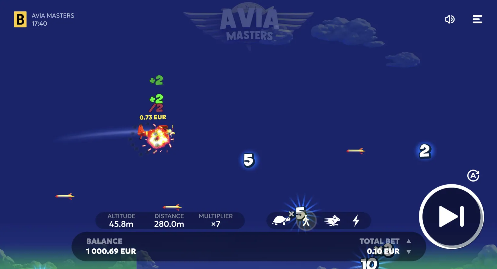 Aviamasters rocket strike: the biplane explodes mid-air as the counter takes a halving hit, with the altitude and distance readouts still climbing