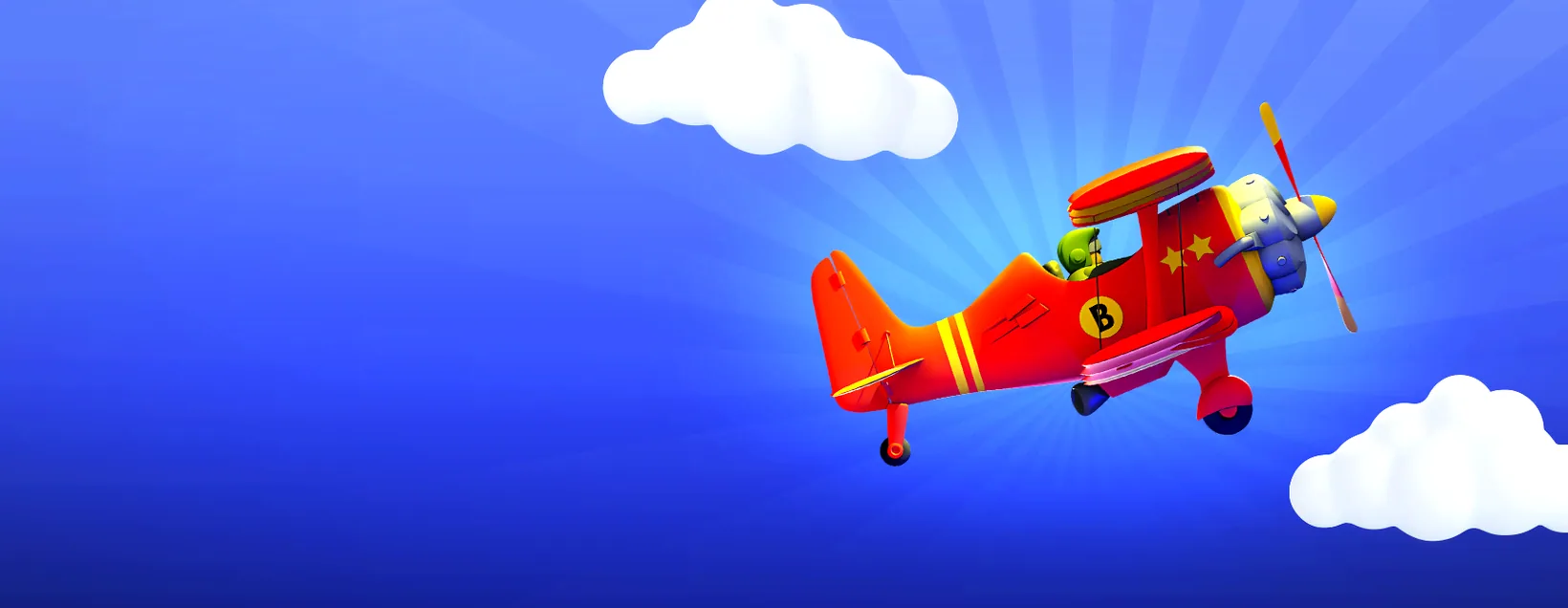 Aviamasters key art: the red biplane with its goggled pilot banking through a bright blue sky dotted with cartoon clouds