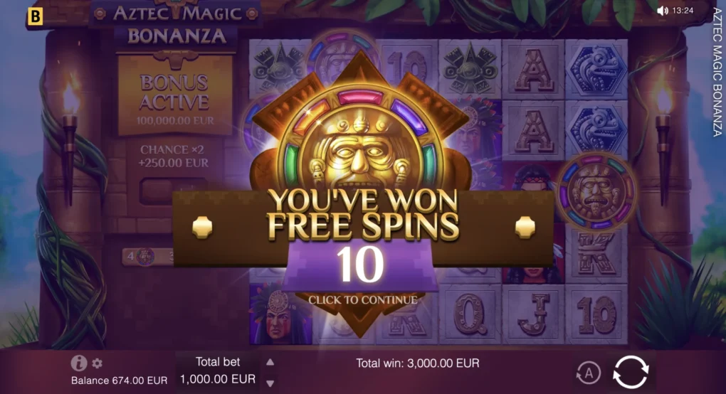 Aztec Magic Bonanza awarding 10 free spins, the golden sun-stone Scatter lit over the 6x5 stone grid inside a torch-lit temple frame