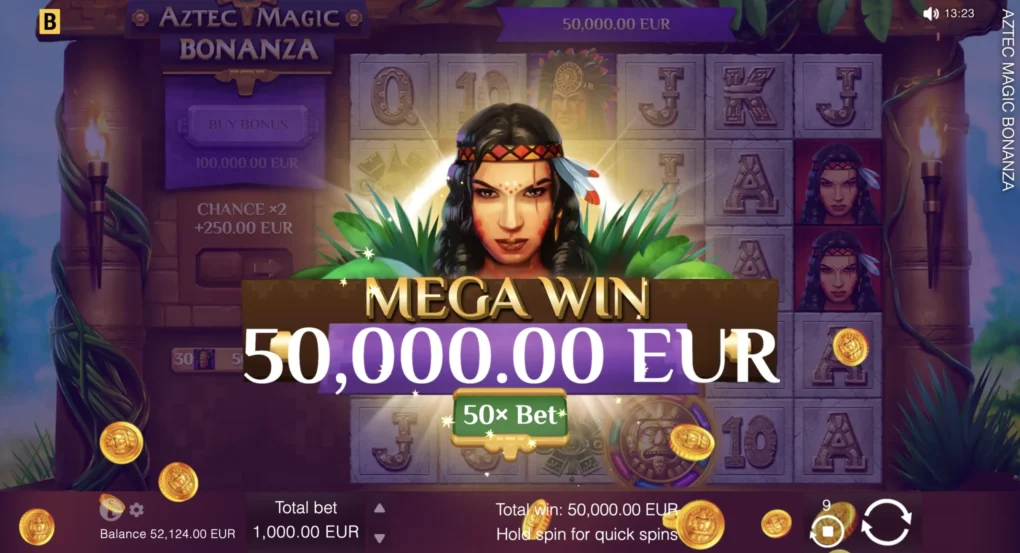 A Mega Win in Aztec Magic Bonanza worth 50x the bet, the Priestess filling the middle of the grid while gold multiplier coins scatter across the frame