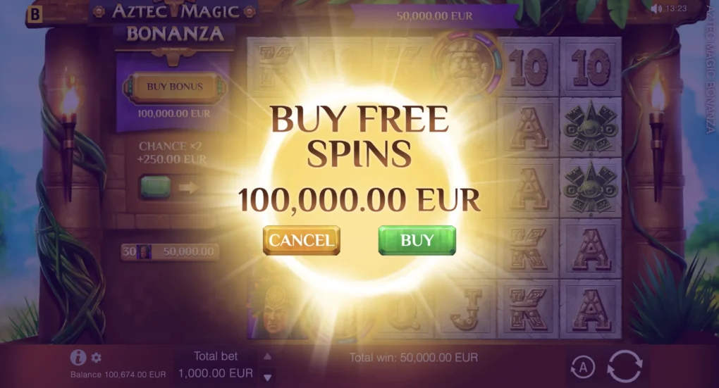 The Buy Free Spins confirmation panel in Aztec Magic Bonanza, priced at 100x the total bet