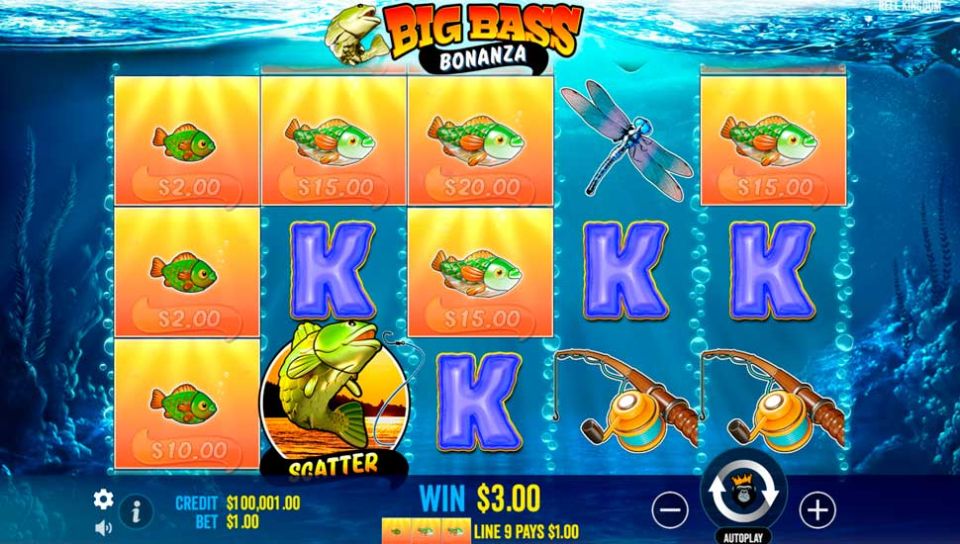 Big Bass Bonanza fishing theme and money symbols on the reels