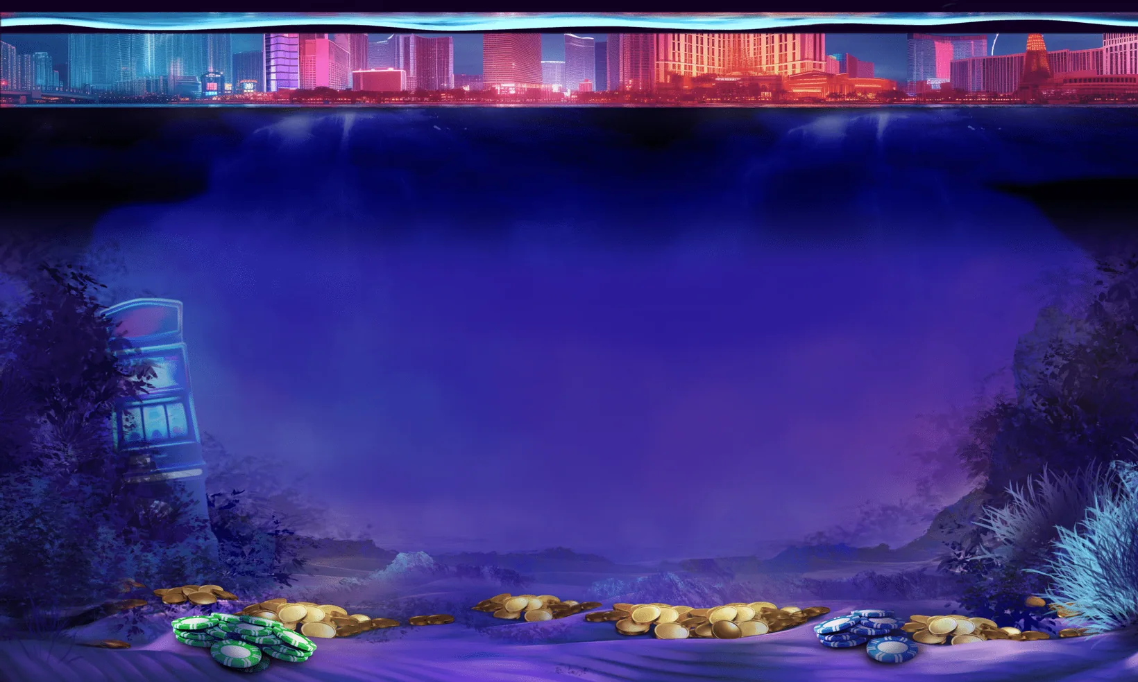 Neon Las Vegas skyline above the waterline with a sunken slot cabinet and casino chips on the lakebed