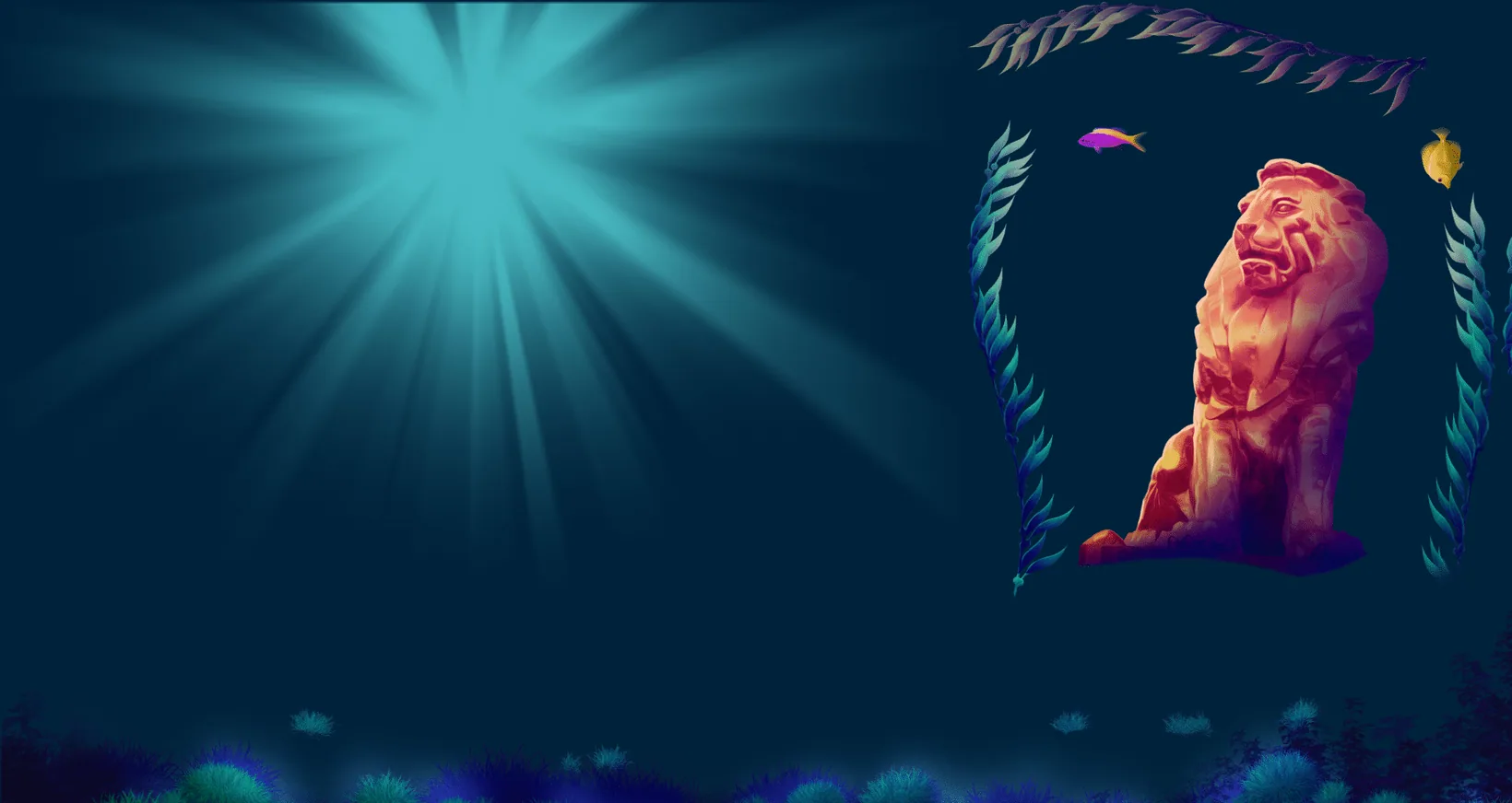 Underwater scene with a stone lion statue, kelp and small tropical fish lit by rays from the surface