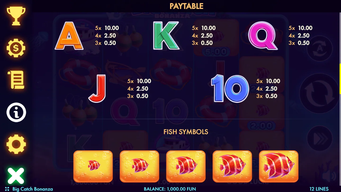 Big Catch Bonanza cabinet showing the twelve-line indicator and cash-value fish on the reels