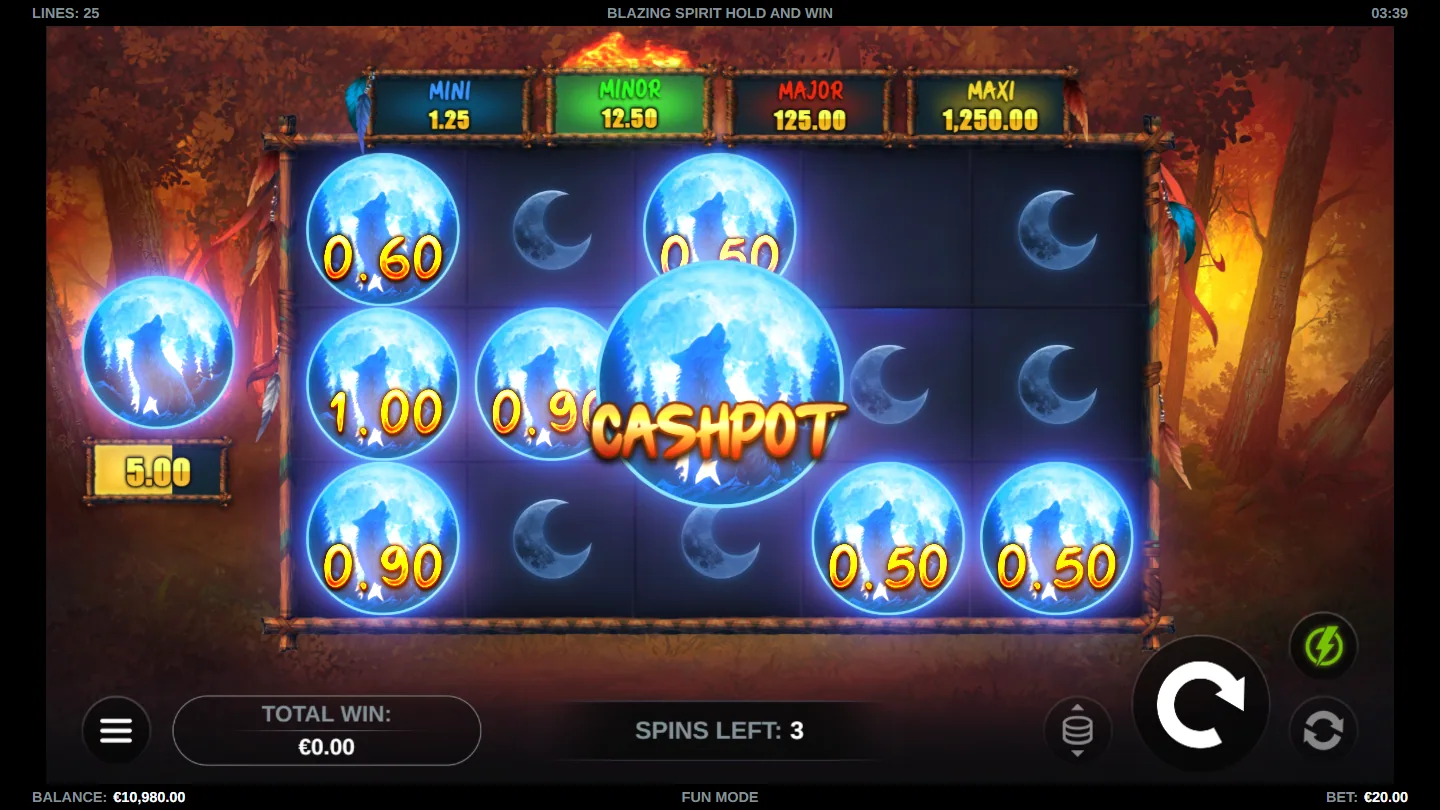 Blazing Spirit Hold and Win reels in Standard Mode with the four Cashpot meters and the HyperBet buttons