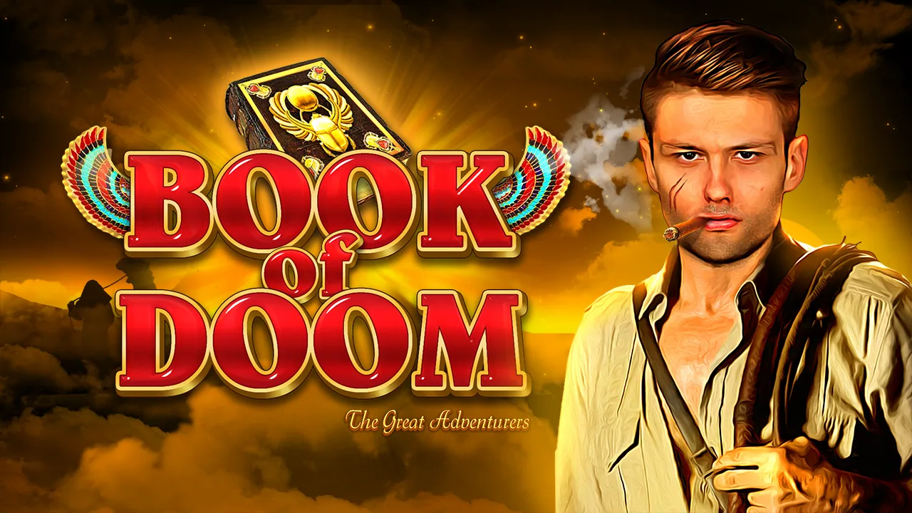 Book of Doom key art showing the Belatra explorer beside the scarab-stamped tome