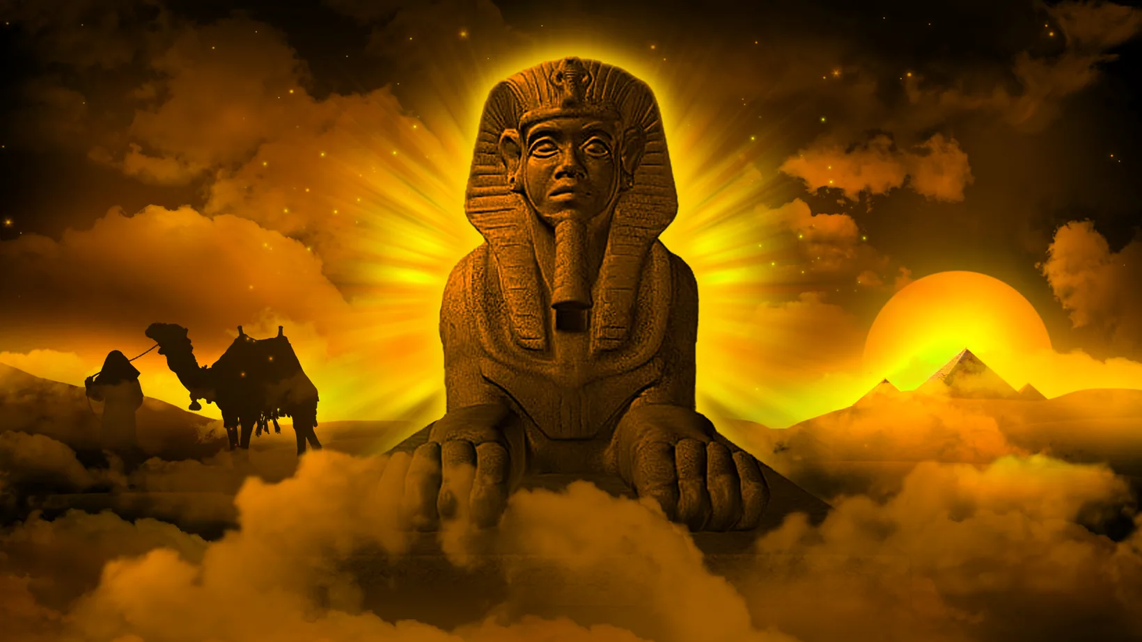 Sphinx and pyramids at sunrise on the Book of Doom backdrop