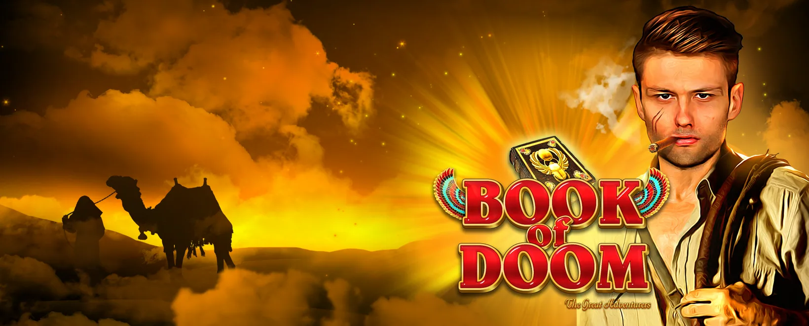 Book of Doom banner with a desert caravan and the game logo