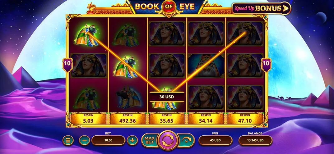 Book of Eye base game grid with a winning line and the per-reel respin prices