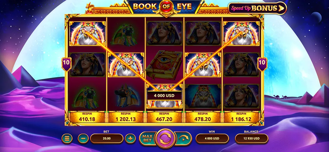 Book of Eye reels with the Book symbol landed and the Speed Up Bonus button lit