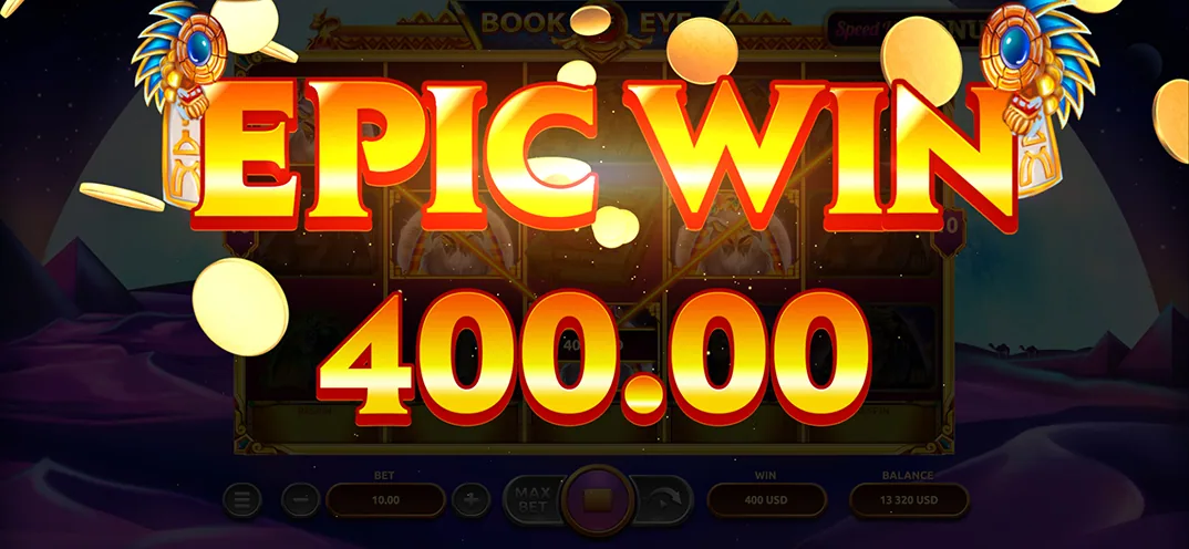 Book of Eye big win presentation screen with gold coins and Egyptian pillars