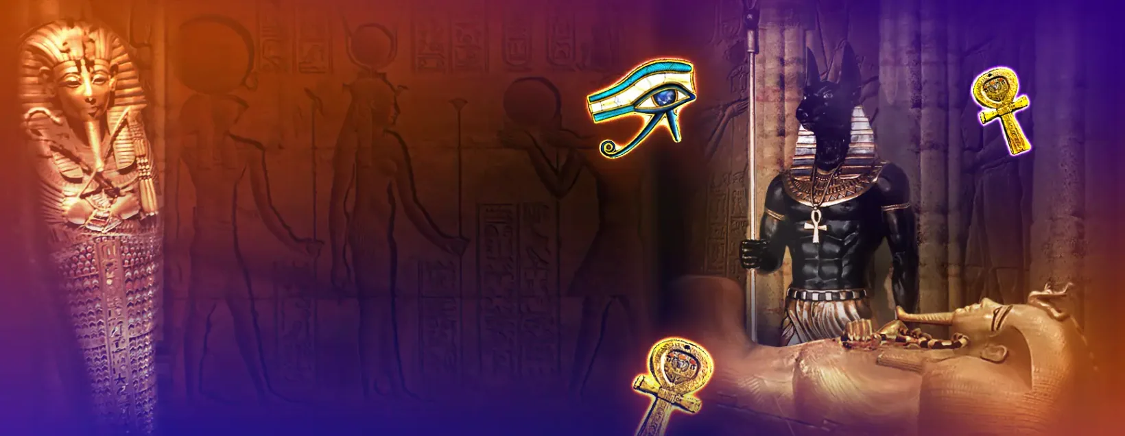 Book of Pyramids key art with an Anubis statue, the Eye of Horus and a gilded sarcophagus