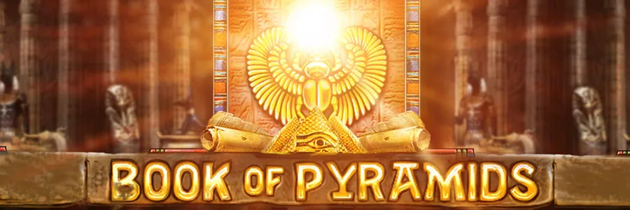 Book of Pyramids title banner with the winged Scarab above a stone doorway