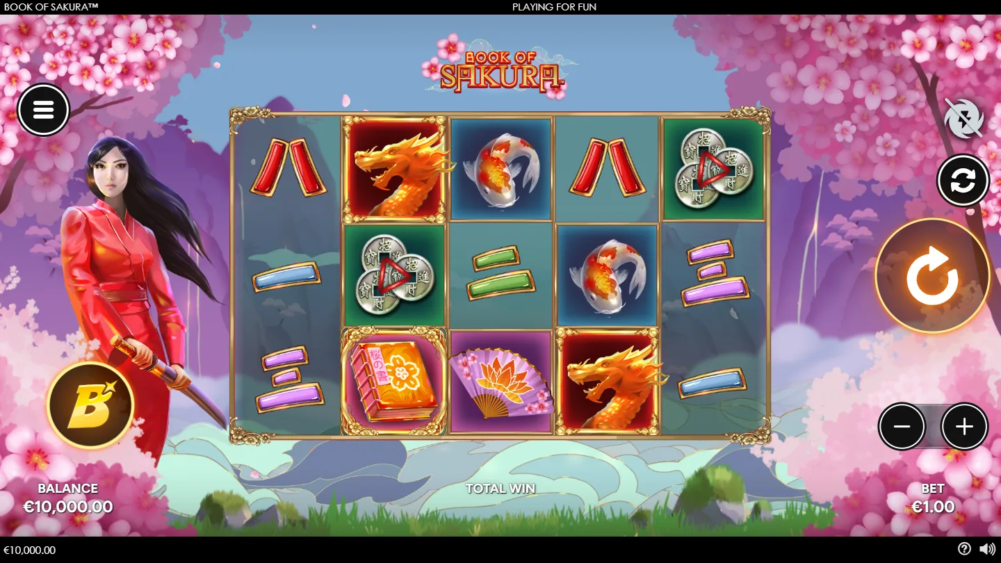 Book of Sakura base grid with the golden dragon, koi carp and the book under blossoming cherry trees