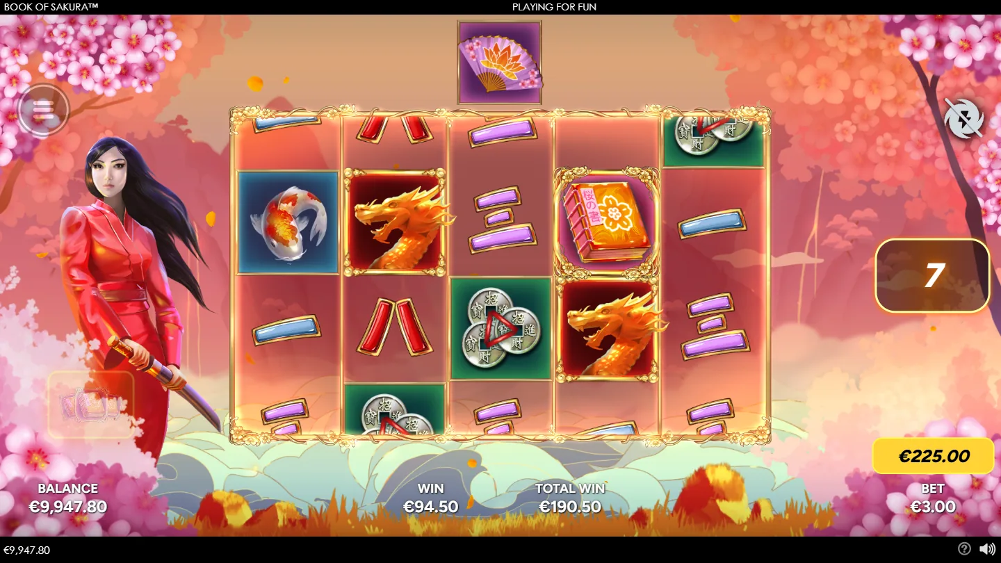Book of Sakura free games with the folding fan drawn as the expanding symbol above the reels